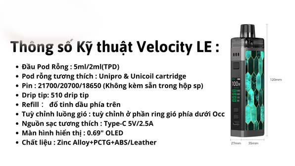 Thông số kỹ thuật chi tiết kích thước Oxva Velocity Limited edition 2 in 1