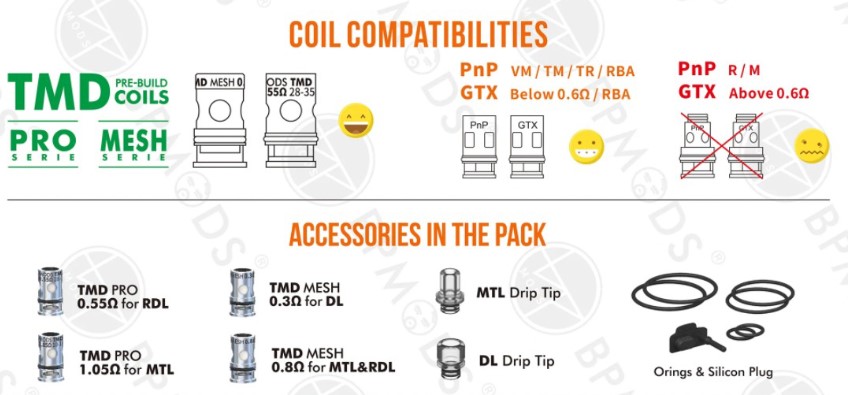 Sản phẩm dễ dàng thay đổi các lại coil tank MTL (1,05 Ω) và RDL (0,8 Ω)