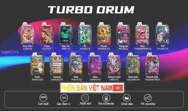 Turbo Drum box 7000 hơi dùng 1 lần – bảng vị cực đa dạng, hấp dẫn